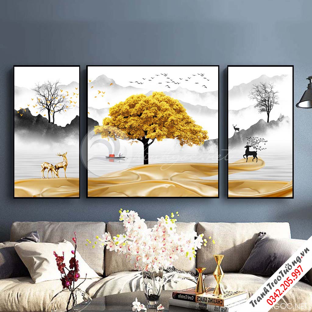 Tranh bộ 3 bức trừu tượng ghép cây tuần lộc vàng và hươu-PLT-S-1289