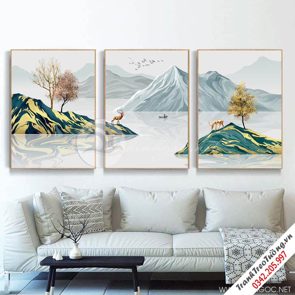 Tranh bộ 3 bức trừu tượng dãy núi vàng xanh cây và hươu-PLT-S-1290