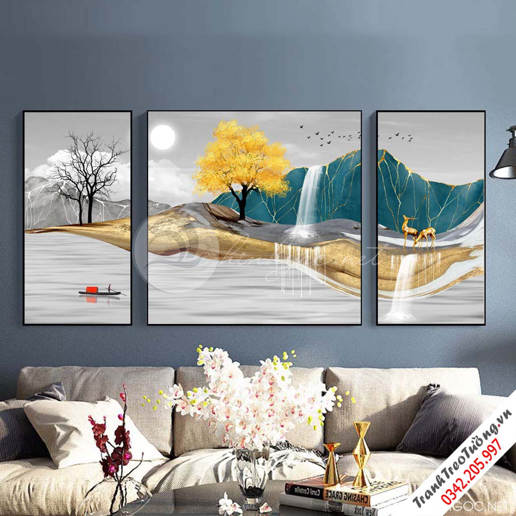 Tranh bộ 3 bức trừu tượng dãy núi trùng điệp sắc màu-PLT-S-1295