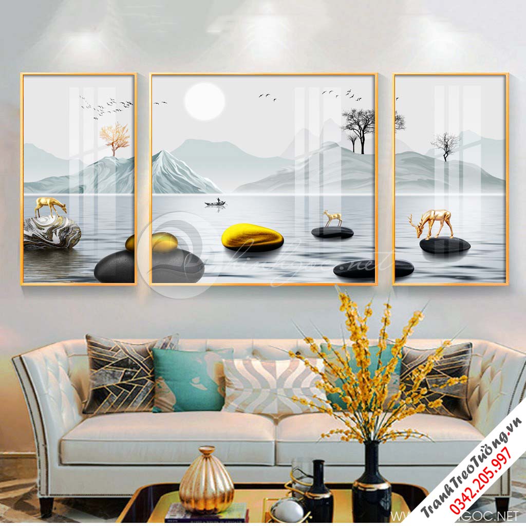 Tranh bộ 3 bức trừu tượng dãy núi trùng điệp, hươu và cây-PLT-S-1300