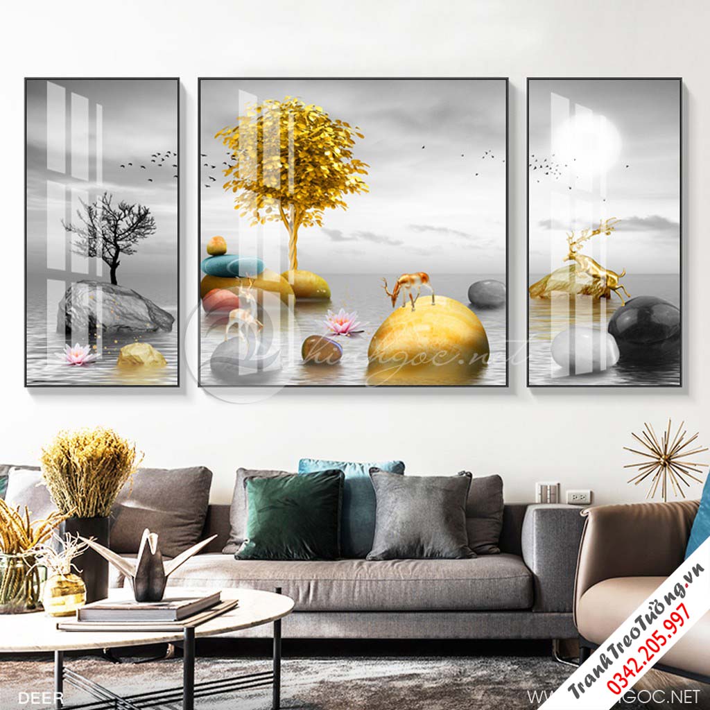 Tranh bộ 3 bức trừu tượng cây tuần lộc và hươu đứng trên đá-PLT-S-1311