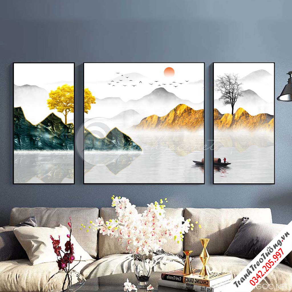 Tranh bộ 3 bức trừu tượng cây tuần lộc vàng và hươu-PLT-S-1312