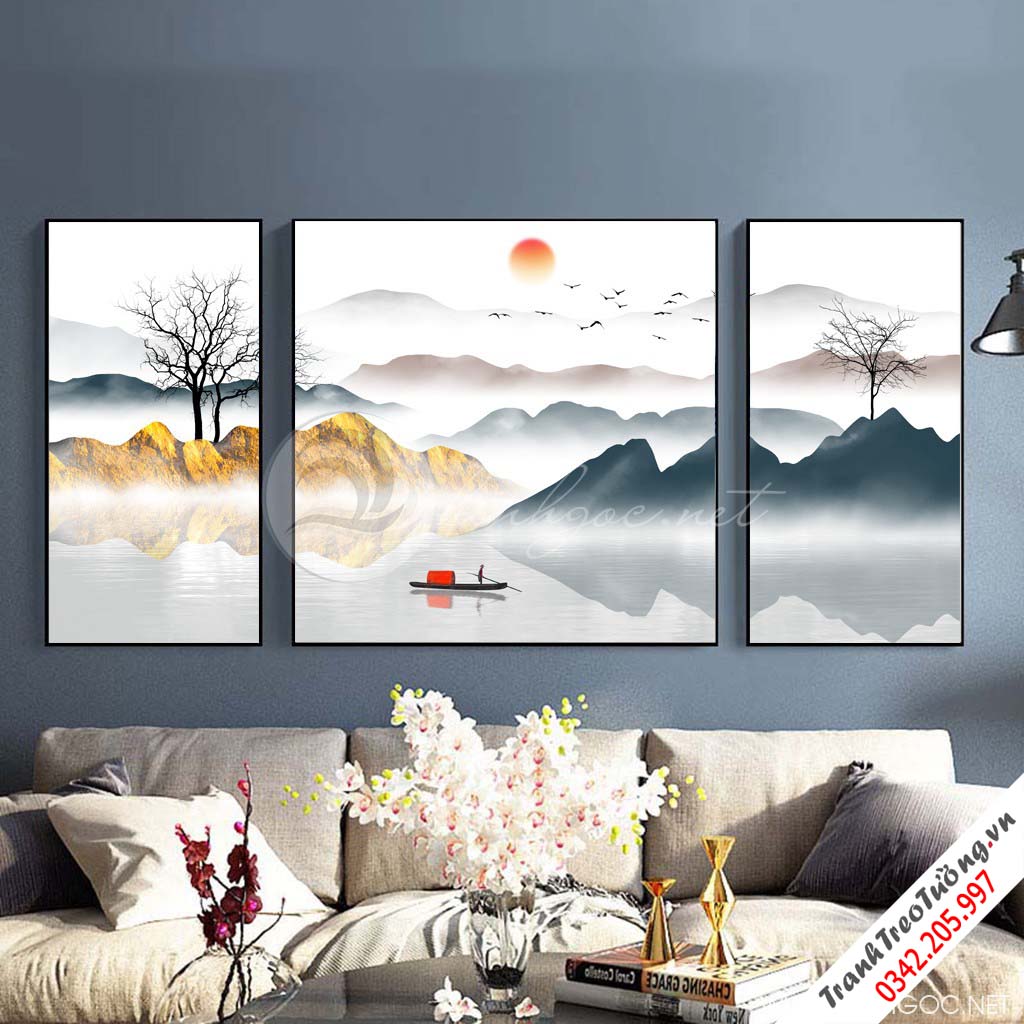 Tranh bộ 3 bức trừu tượng dãy núi trùng điệp-PLT-S-1314