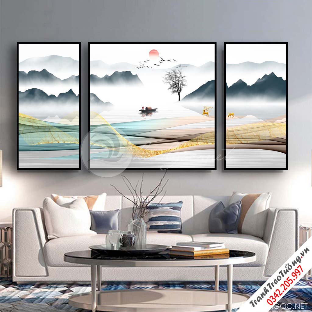 Tranh bộ 3 bức trừu tượng dãy núi trùng điệp-S-1315