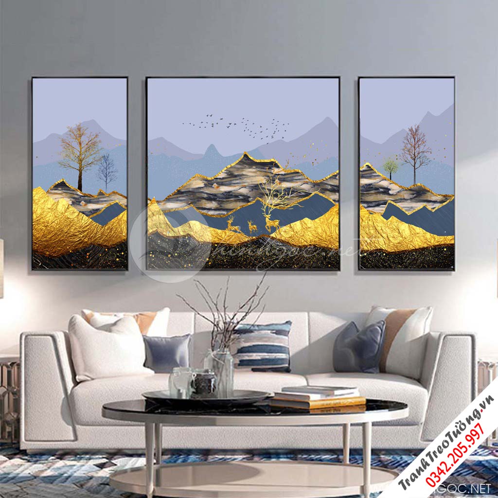 Tranh bộ 3 bức trừu tượng dãy núi trùng điệp và đàn chim vàng-PLT-S-1327