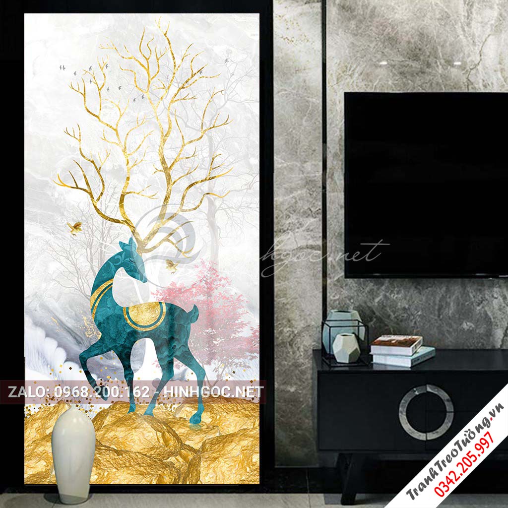 Tranh treo tường, con hươu xanh sừng vàng nghệ thuật-PLT-S-1430