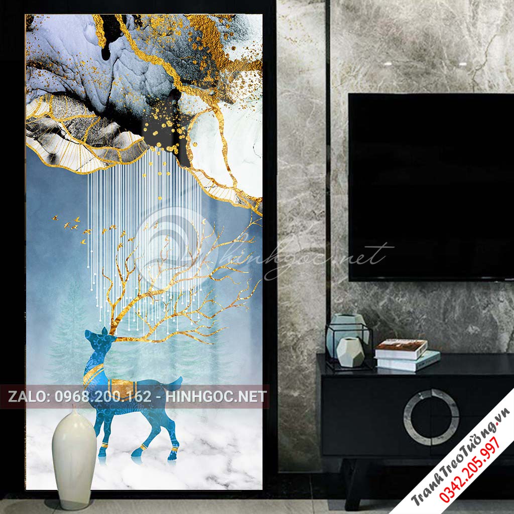 Tranh treo tường, con hươu xanh sừng hoa vàng trừu tượng-PLT-S-1431