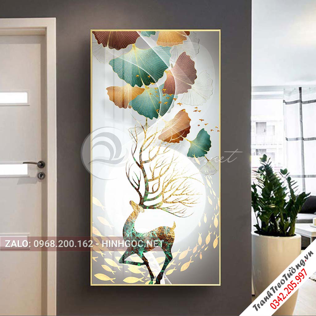 Tranh treo tường, con hươu, đàn cá, lá họa tiết nghệ thuật-PLT-S-1434