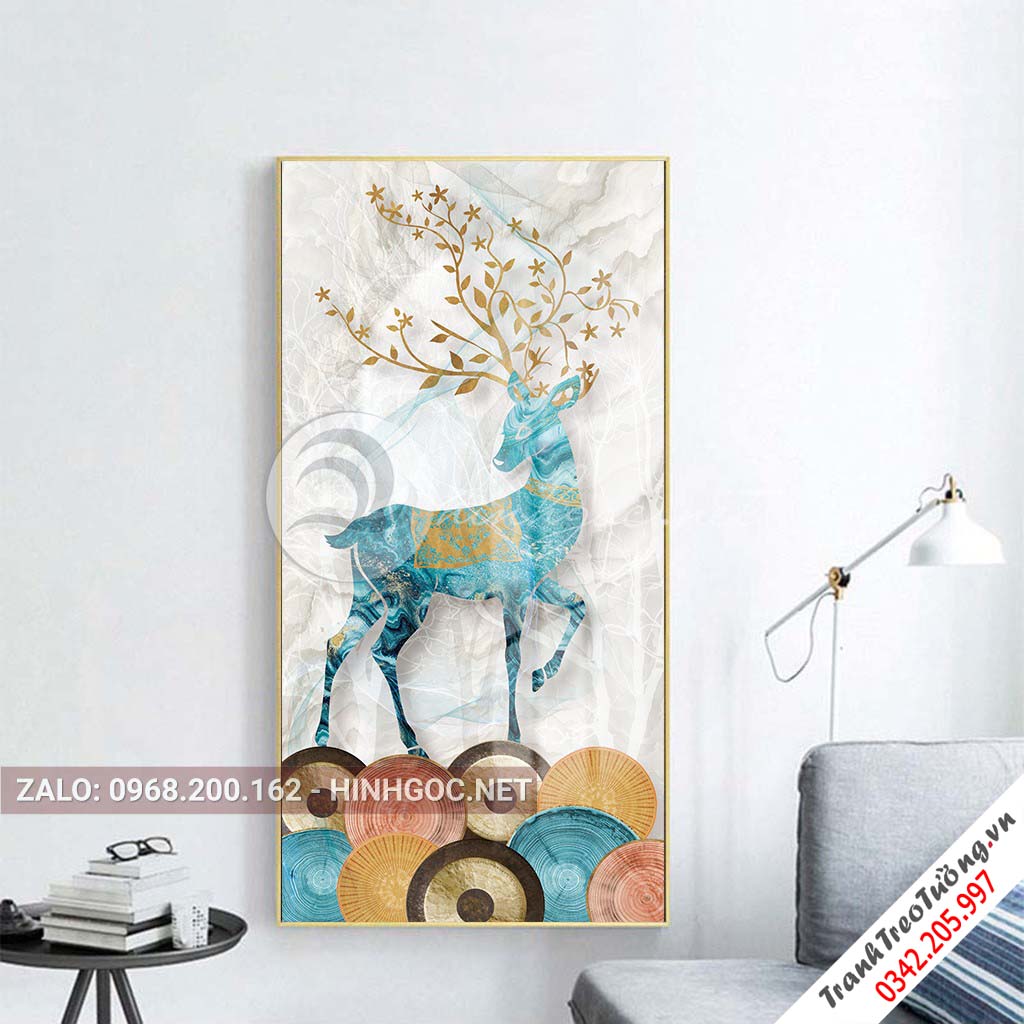 Tranh treo tường, con hươu xanh sừng hoa vàng trừu tượng-PLT-S-1439