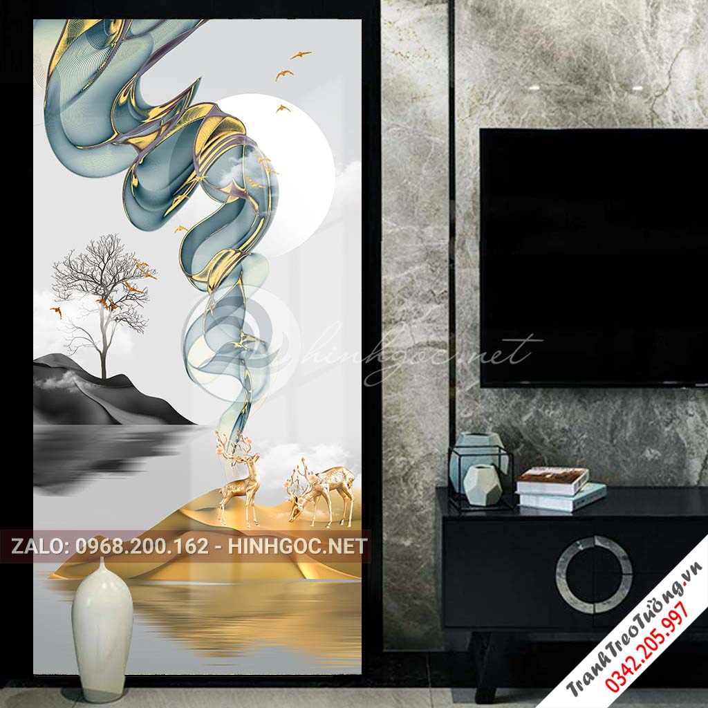 Tranh treo tường, đôi hươu vàng đứng trên núi đá, sông, dải vân-PLT-S-1442
