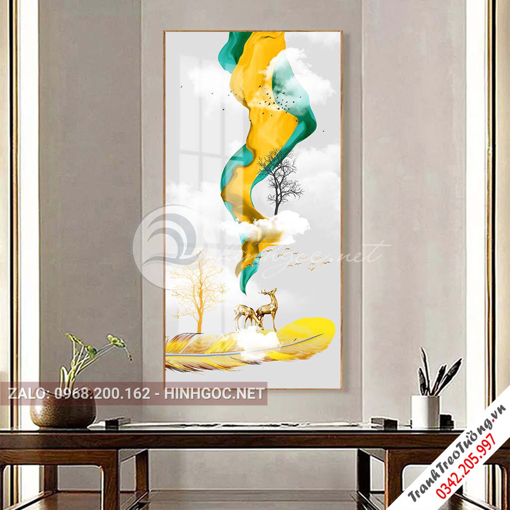 Tranh con hươu đứng trên lông vũ, dải vân trừu tượng-PLT-S-1445