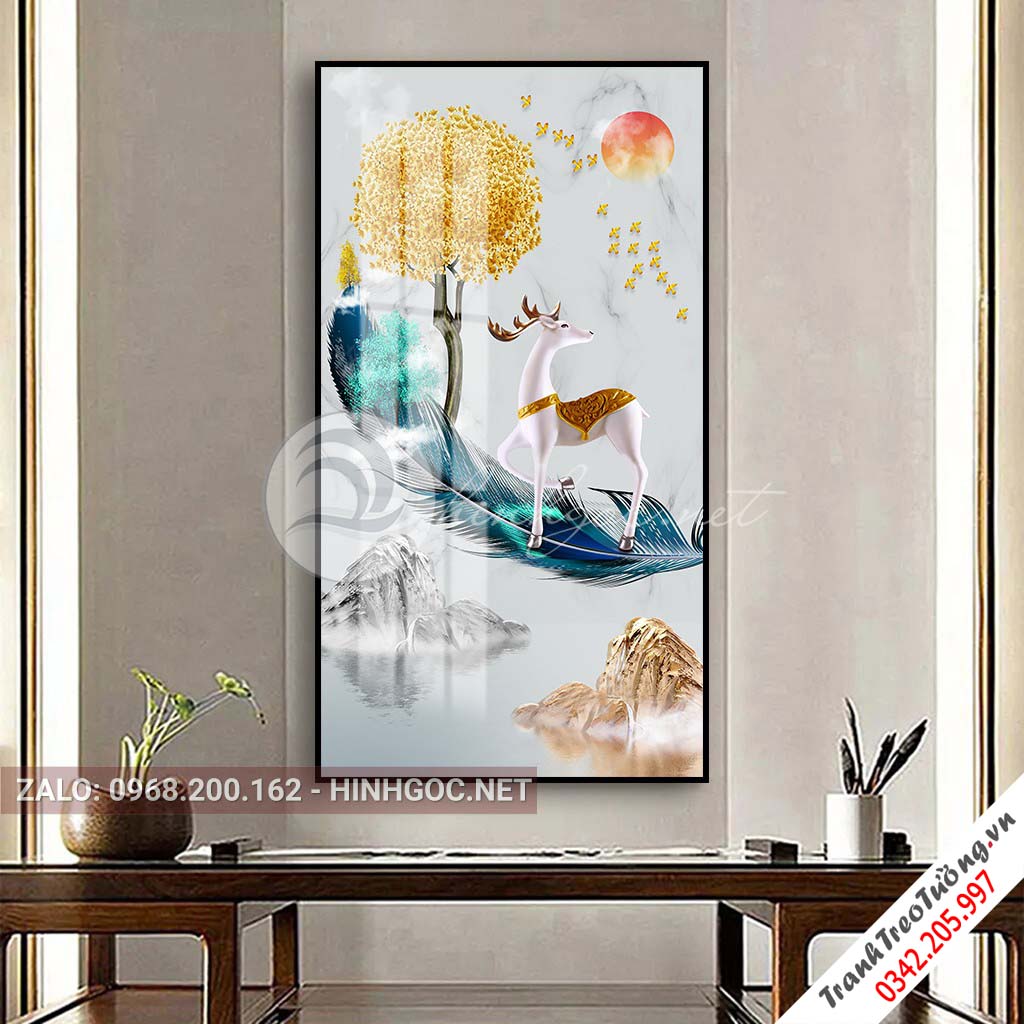 Tranh con hươu đứng trên lông vũ, dải vân trừu tượng-PLT-S-1449