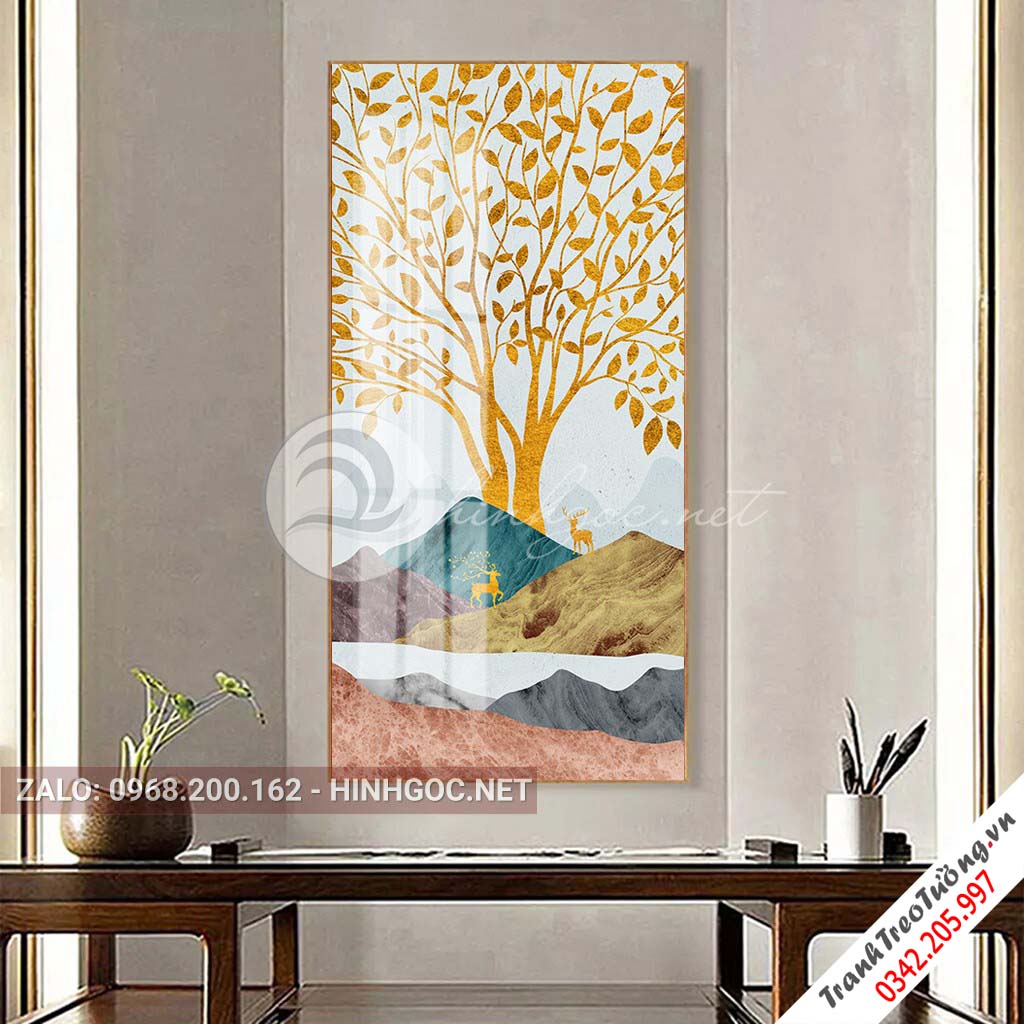 Tranh treo tường, hươu đứng trên núi, cây tuần lộc vàng-PLT-S-1451