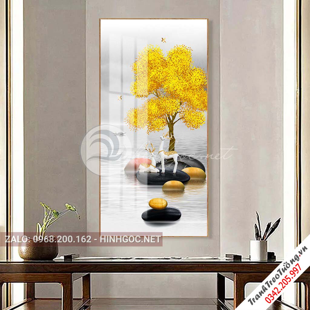 Tranh treo tường, đôi hươu tỏ tình đứng trên đá cuội-PLT-S-1455