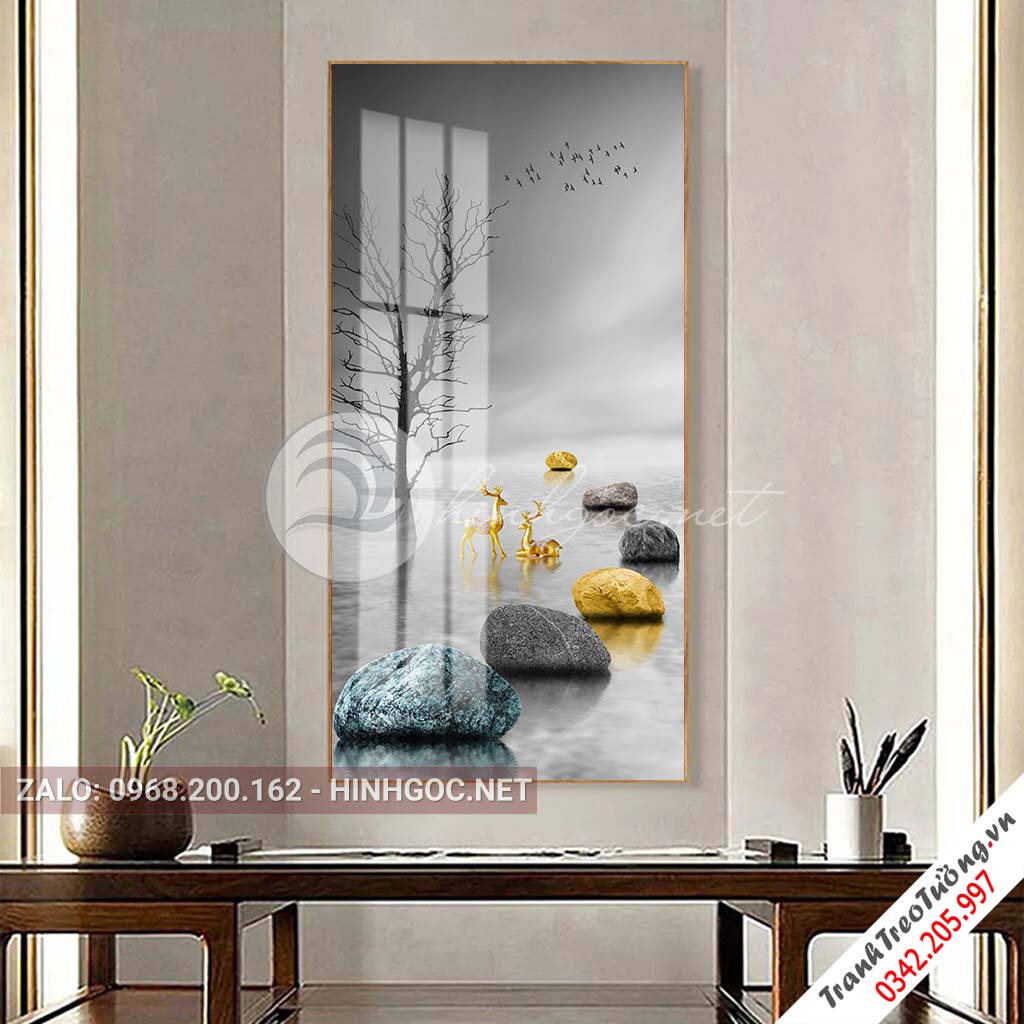 Tranh treo tường, đôi hươu tỏ tình đứng trên đá cuội-PLT-S-1456