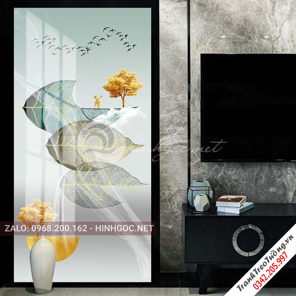 Tranh treo tường, hươu đứng trên lá họa tiết, cây trừu tượng-PLT-S-1457