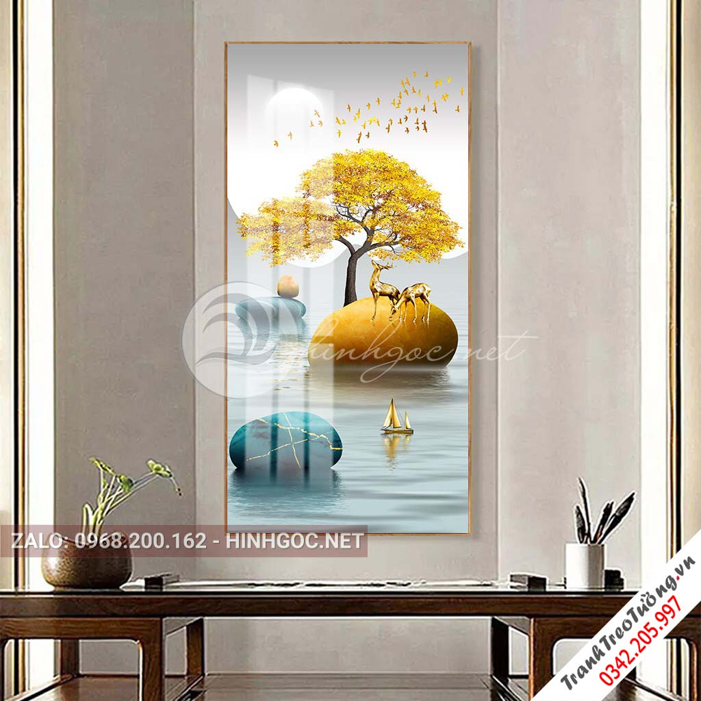 Tranh treo tường, hươu đứng trên đá cuội, thuyền trừu tượng-PLT-S-1459