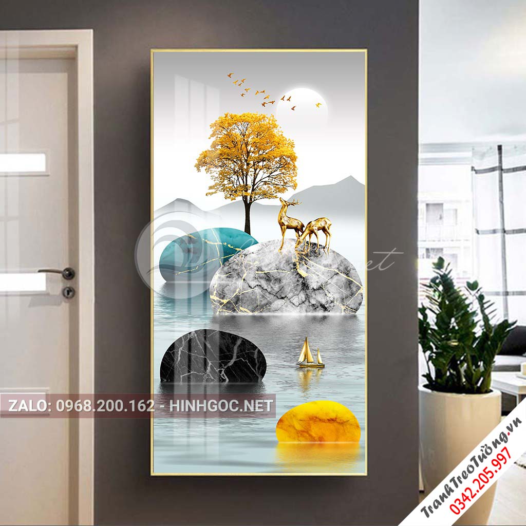 Tranh treo tường, hươu đứng trên đá cuội, cây, thuyền trừu tượng-PLT-S-1460