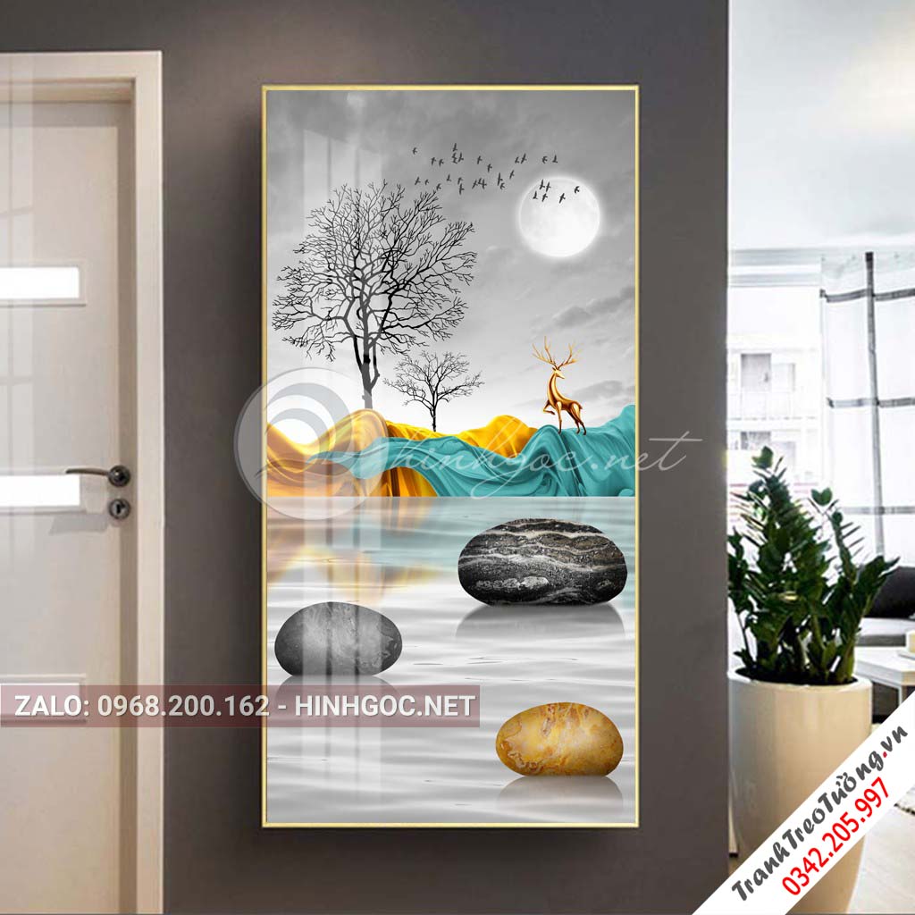Tranh treo tường, hươu đứng trên dải vân, cây, đá cuội-PLT-S-1461