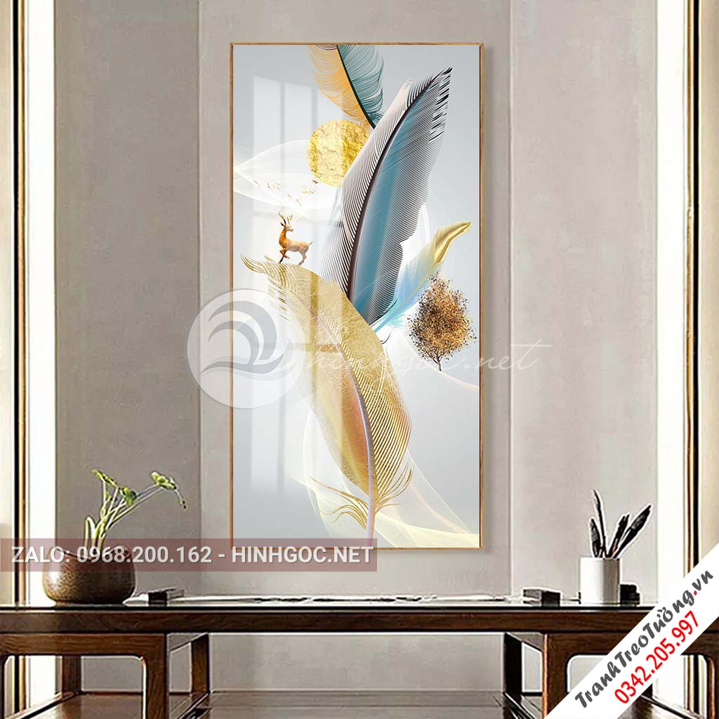 Tranh treo tường, hươu đứng trên lông vũ sắc màu nghệ thuật-PLT-S-1497