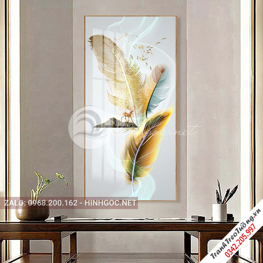 Tranh treo tường, hươu đứng trên lông vũ sắc màu nghệ thuật-PLT-S-1498