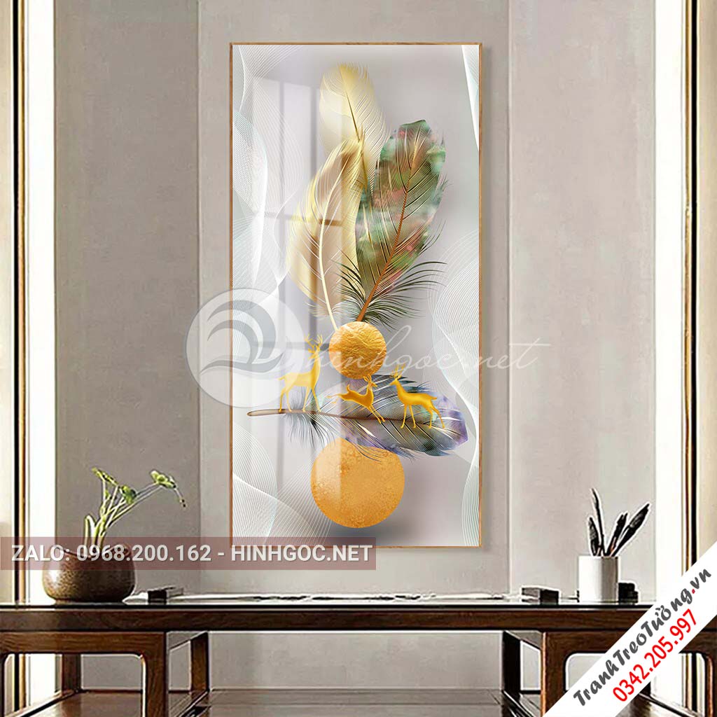 Tranh treo tường, hươu đứng trên lông vũ sắc màu nghệ thuật-PLT-S-1502