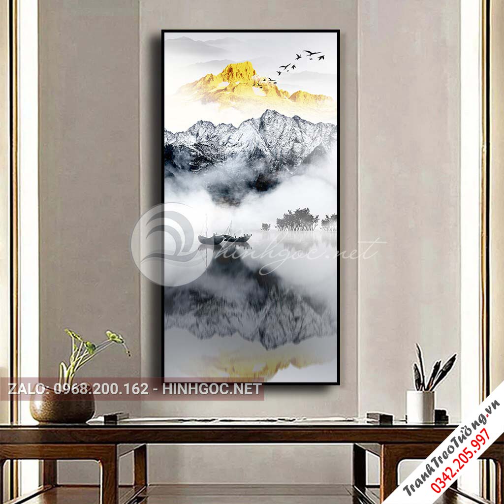 Tranh treo tường, tranh sơn thủy hữu tình, thuyền trên sông-PLT-S-1525