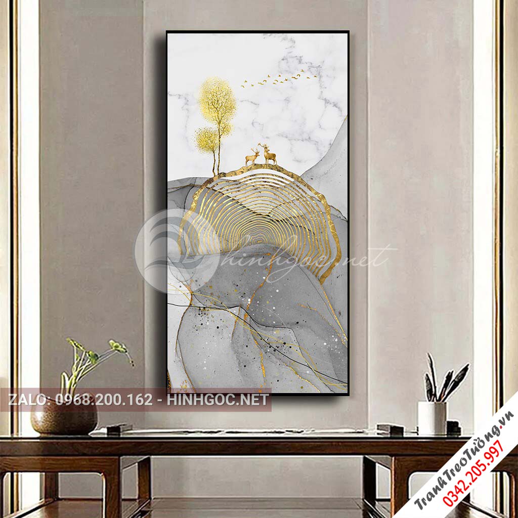 Tranh trừu tượng, hươu đứng trên hình tròn họa tiết, cây nghệ thuật-PLT-S-1545