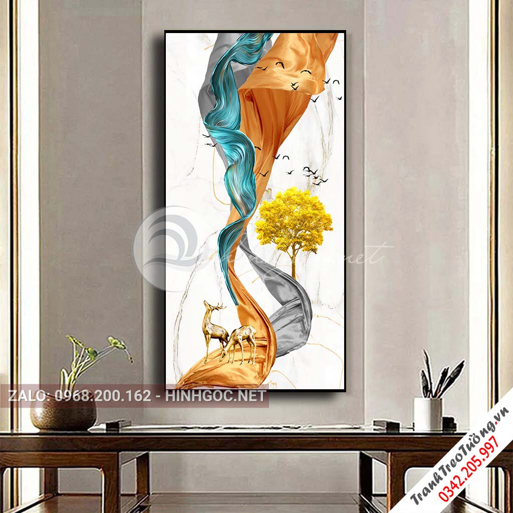 Tranh treo tường, hươu đứng trên dải vân, cây, chim nghệ thuật-PLT-S-1563