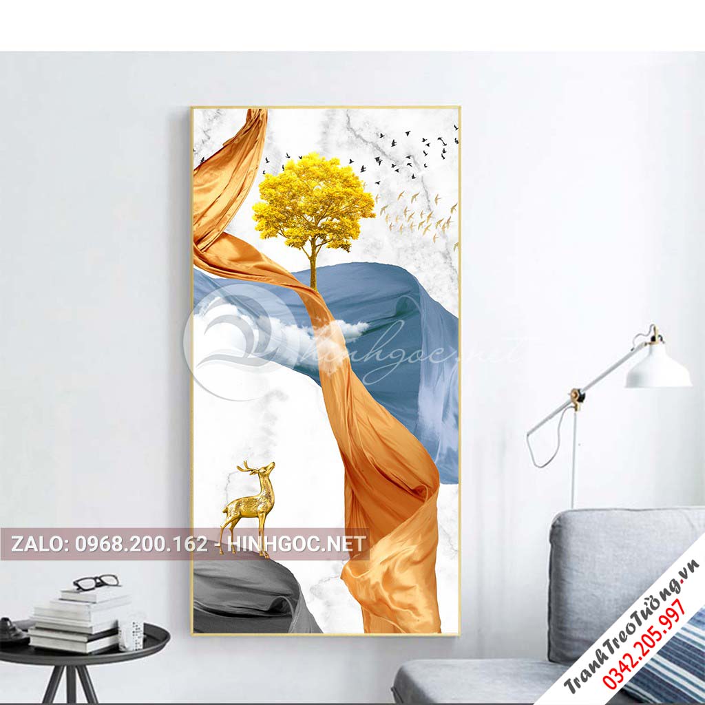 Tranh treo tường, hươu đứng trên dải vân, cây, chim nghệ thuật-PLT-S-1564