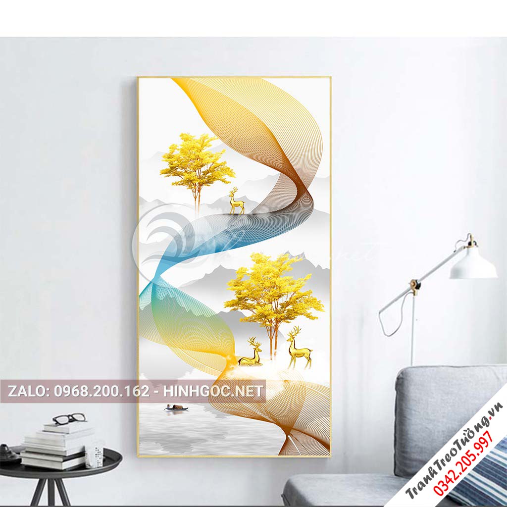Tranh treo tường, hươu đứng trên dải vân, cây, chim nghệ thuật-PLT-S-1568
