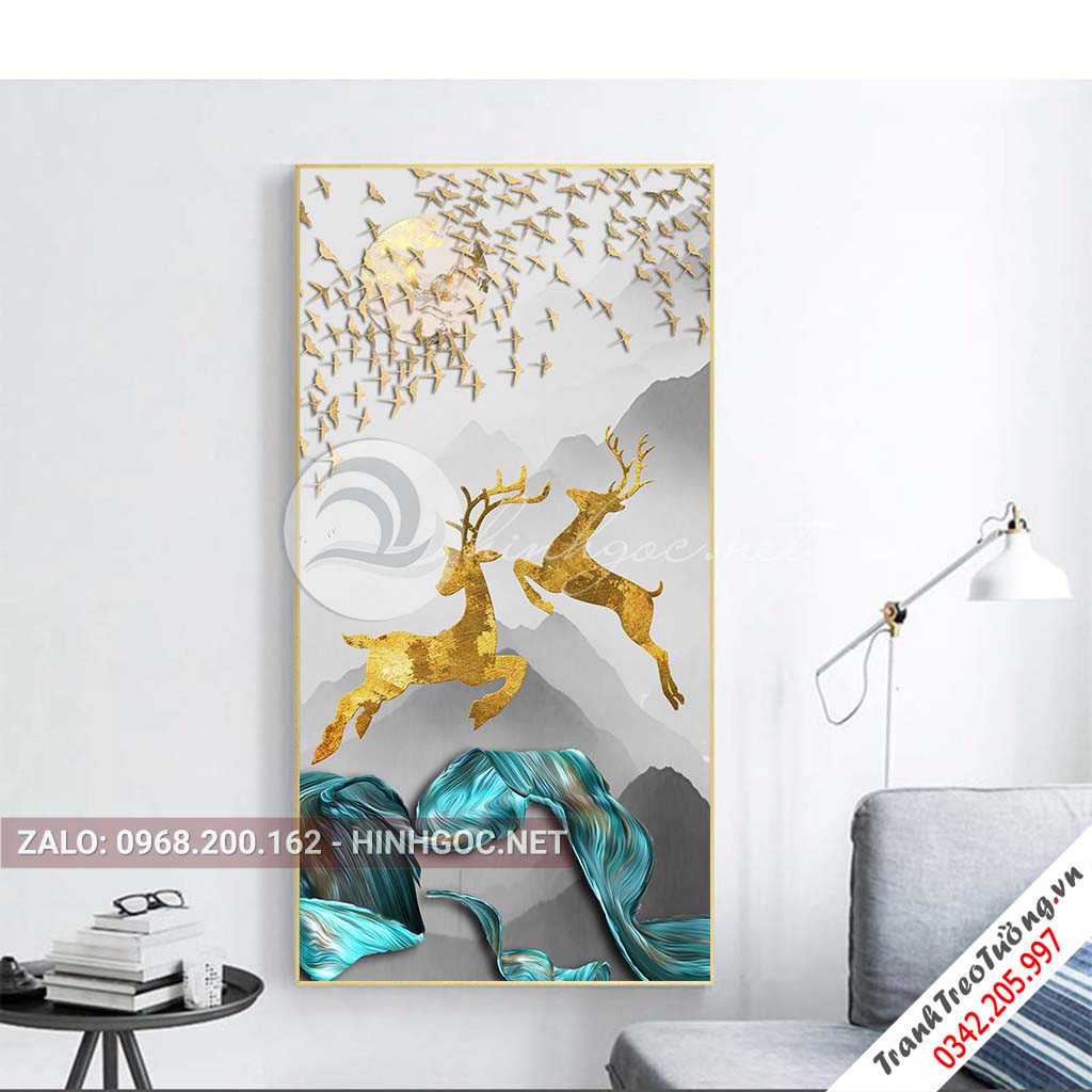 Tranh treo tường, hươu đứng trên dải vân, cây, chim nghệ thuật-PLT-S-1569