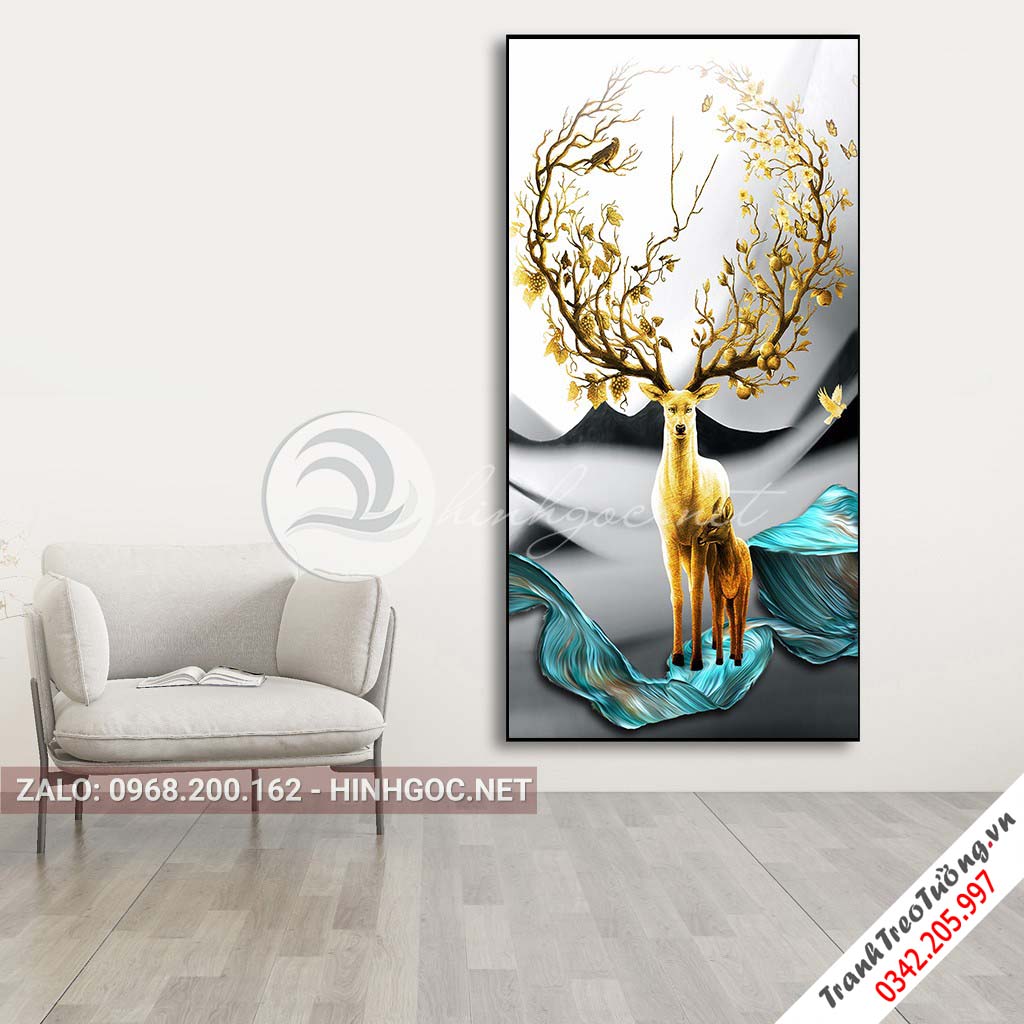 Tranh treo tường, mẹ con nhà hươu đứng trên dải vân nghệ thuật-PLT-S-1571