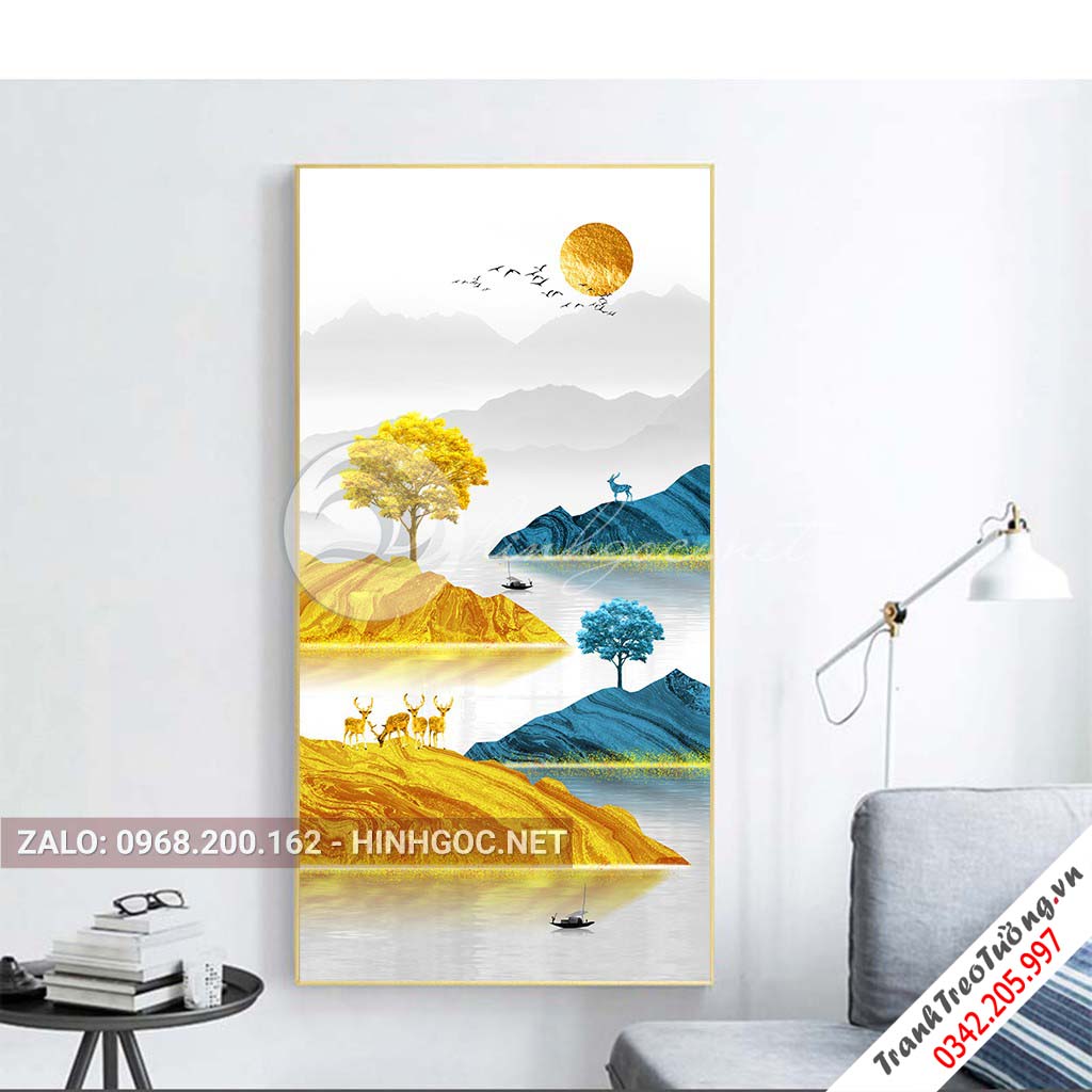 Tranh treo tường, hươu đứng trên núi, cây nghệ thuật-PLT-S-1588