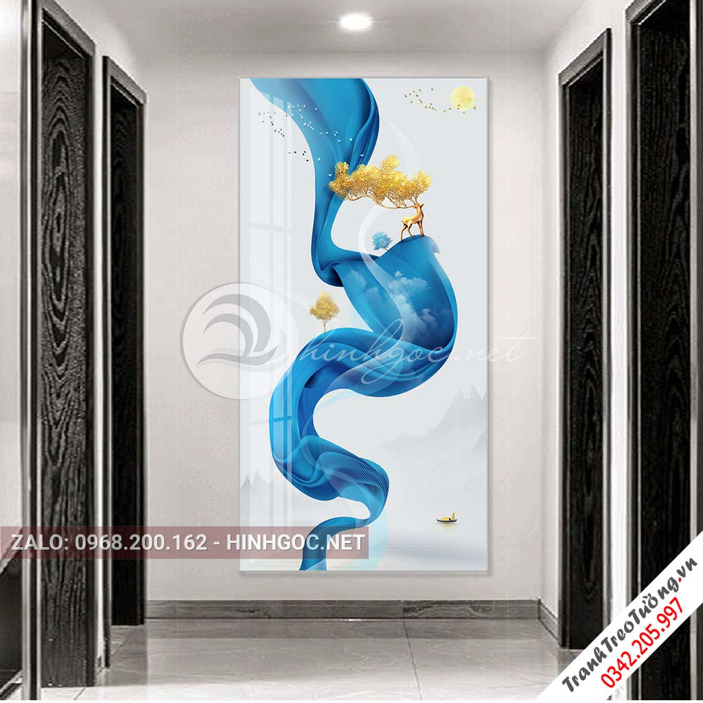 Tranh treo tường, hươu đứng trên dải vân xanh, cây nghệ thuật-PLT-S-1595