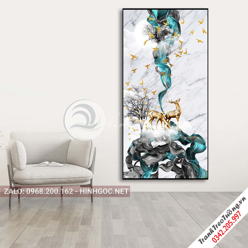 Tranh treo tường, hươu đứng trên dải vân xanh, chim, cây nghệ thuật-PLT-S-1597