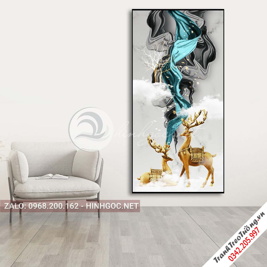 Tranh treo tường, đôi hươu tỏ tình, dải vân, chim, cây nghệ thuật-PLT-S-1600
