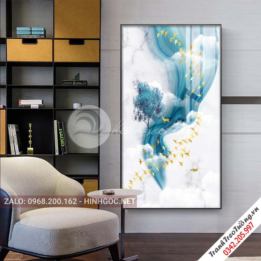 Tranh treo tường, hươu đứng trên dải vân, chim, cây nghệ thuật-PLT-S-1606