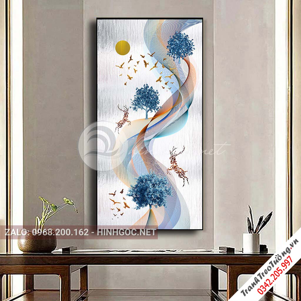 Tranh treo tường, hươu đứng trên dải vân, đàn chim, cây nghệ thuật-PLT-S-1611