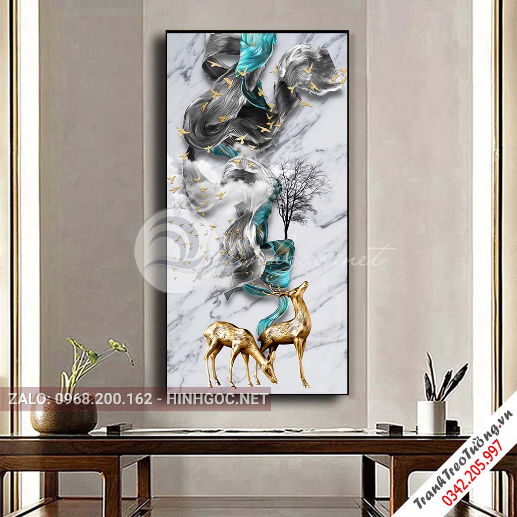 Tranh treo tường, hươu, dải vân, đàn chim, cây nghệ thuật-PLT-S-1613