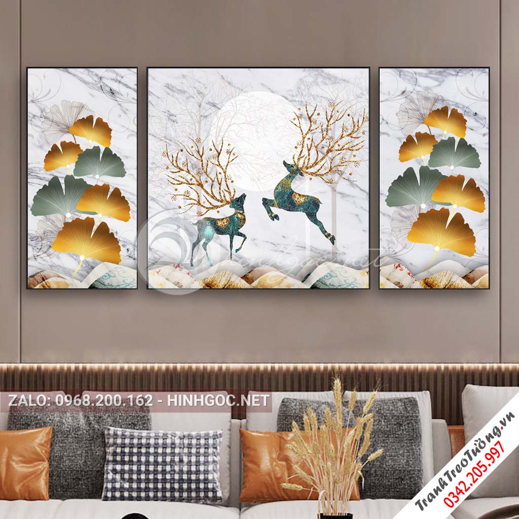 Tranh bộ 3 bức đôi hươu bay, hình tròn, lá nghệ thuật-PLT-S-C