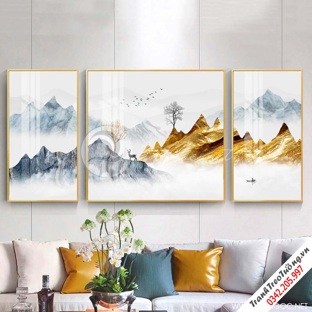 Tranh bộ 3 bức cây tuần lộc và dãy núi trùng điệp-SLH-01