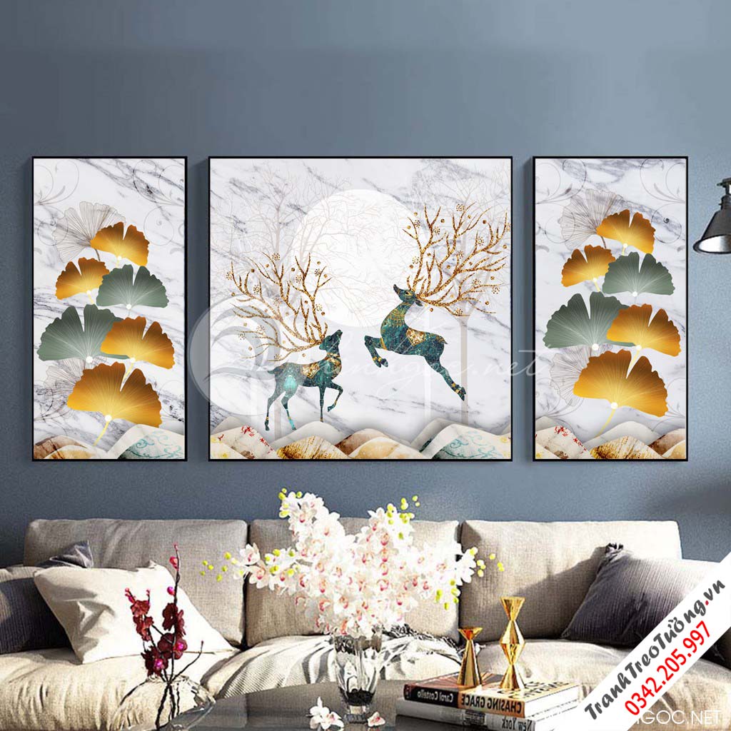 Tranh bộ 3 bức đôi hươu sắc màu và lá vàng, xanh-SLH-101