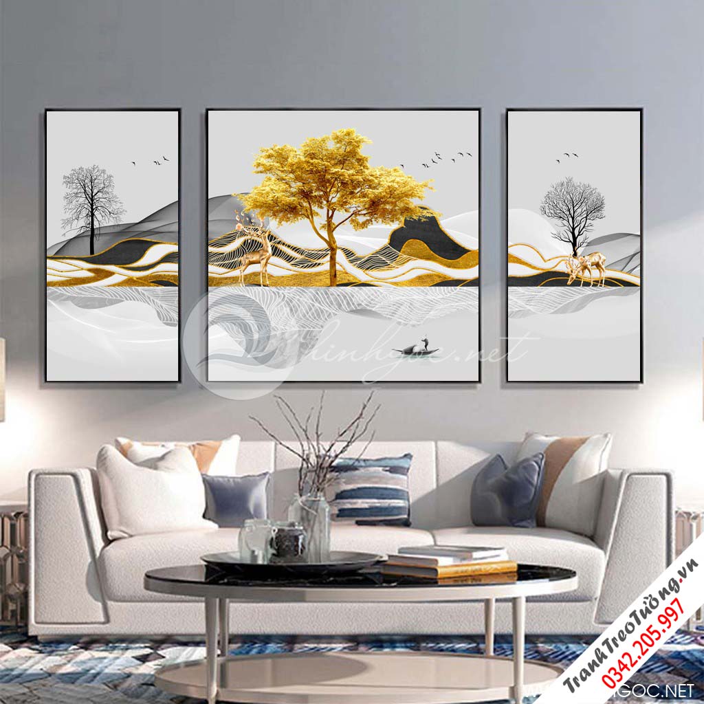 Tranh bộ 3 bức dãy núi vàng, dải vân và cây tuần lộc vàng-SLH-106