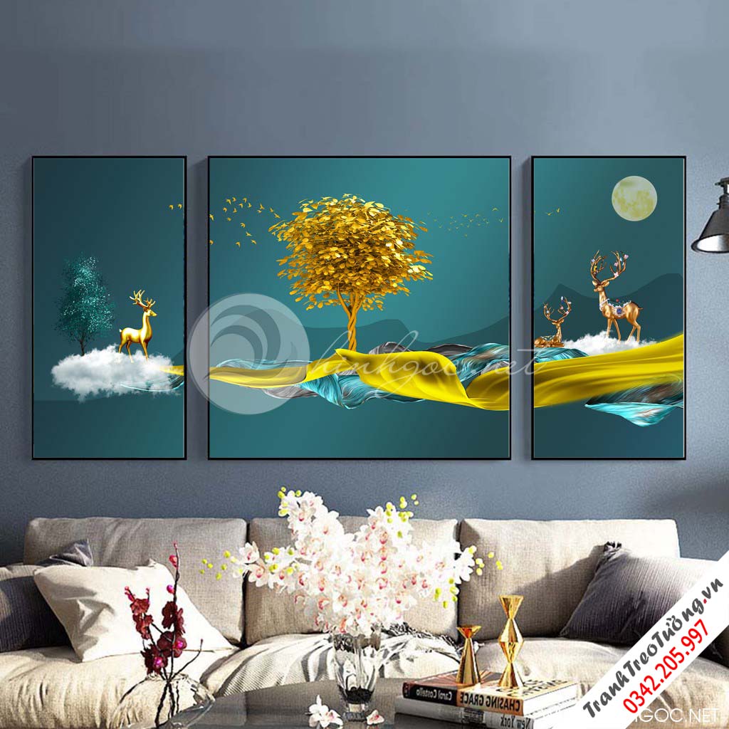 Tranh bộ 3 bức dải vân vàng và hươu đứng trên mây trắng-SLH-110
