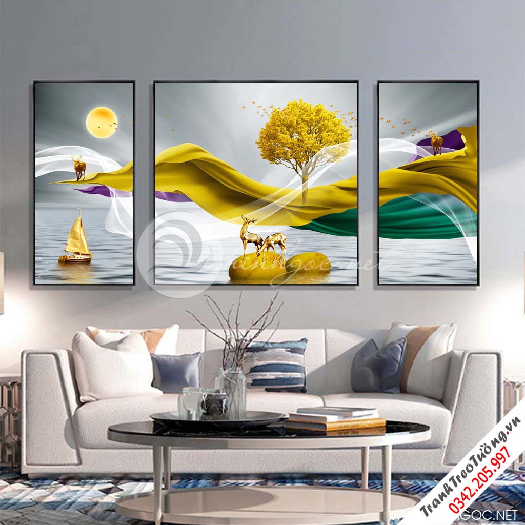 Tranh bộ 3 bức sơn thủy hữu tình dãy núi và hươu-SLH-111