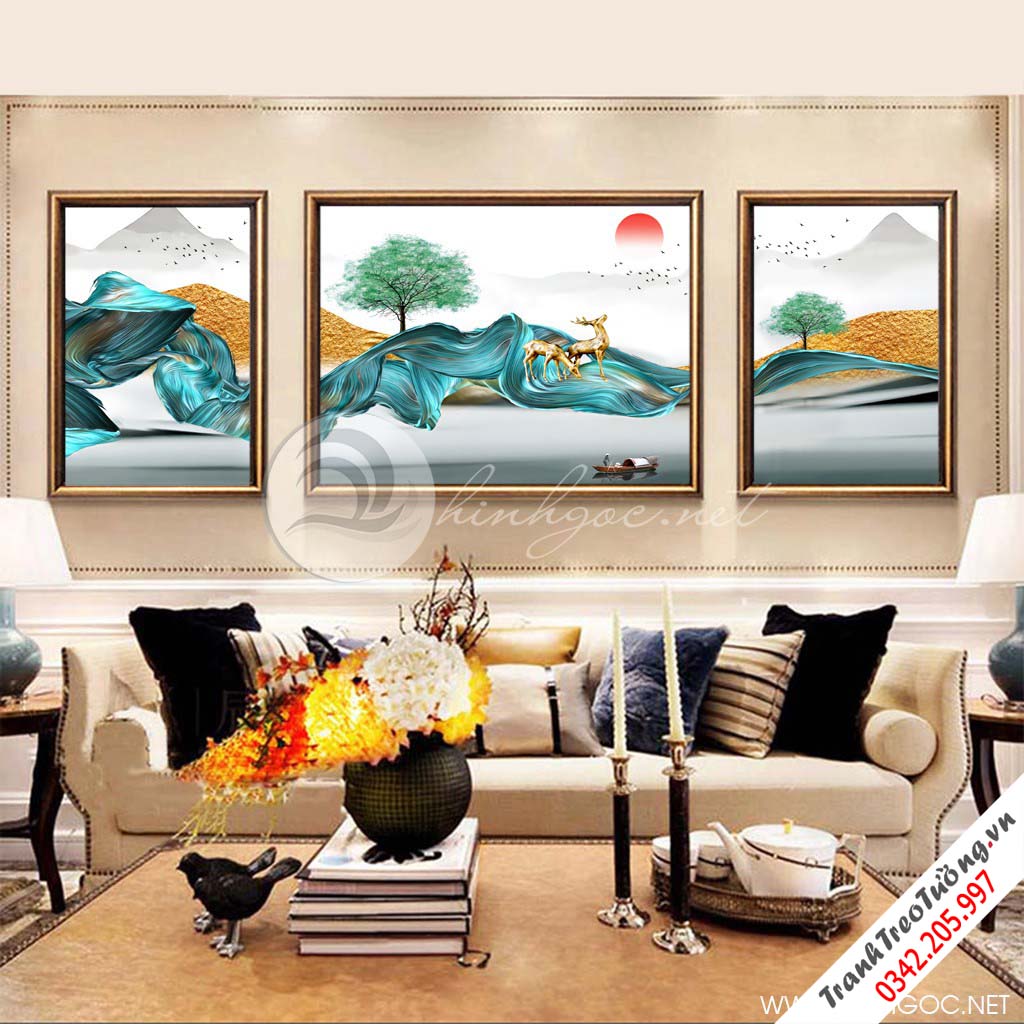 Tranh bộ 3 bức dải vân xanh, hươu và cây xanh trừu tượng-SLH-116