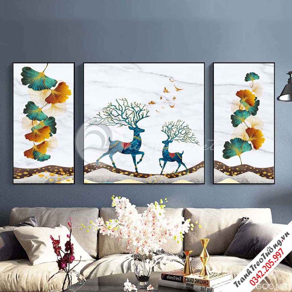 Tranh bộ 3 bức đôi hươu tuần lộc và lá sắc màu trừu tượng-SLH-125