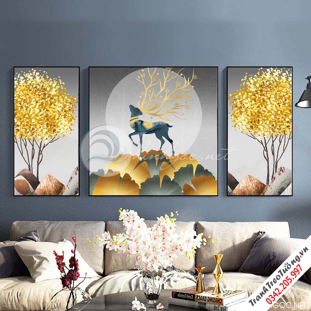 Tranh bộ 3 bức đôi hươu tuần lộc và lá cây sắc màu trừu tượng-SLH-128