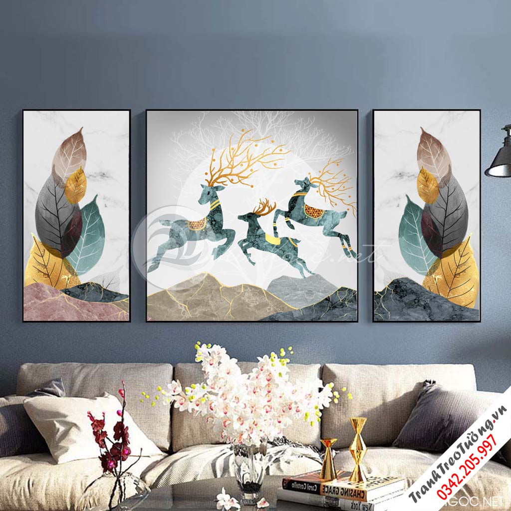 Tranh bộ 3 bức đôi hươu tuần lộc và lá sắc màu trừu tượng-SLH-132